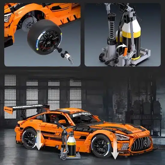 Detailliertes Modell des Mercedes-AMG GT Black Series aus Klemmbausteinen mit abnehmbarem Rad und Werkstatt-Elementen