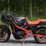 Seitliche Ansicht einer Suzuki GSX 400X Impulse von 1989 mit rotem Rahmen und schwarzem Tank, fotografiert vor grünem Waldhintergrund.