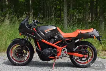 Seitliche Ansicht einer Suzuki GSX 400X Impulse von 1989 mit rotem Rahmen und schwarzem Tank, fotografiert vor grünem Waldhintergrund.