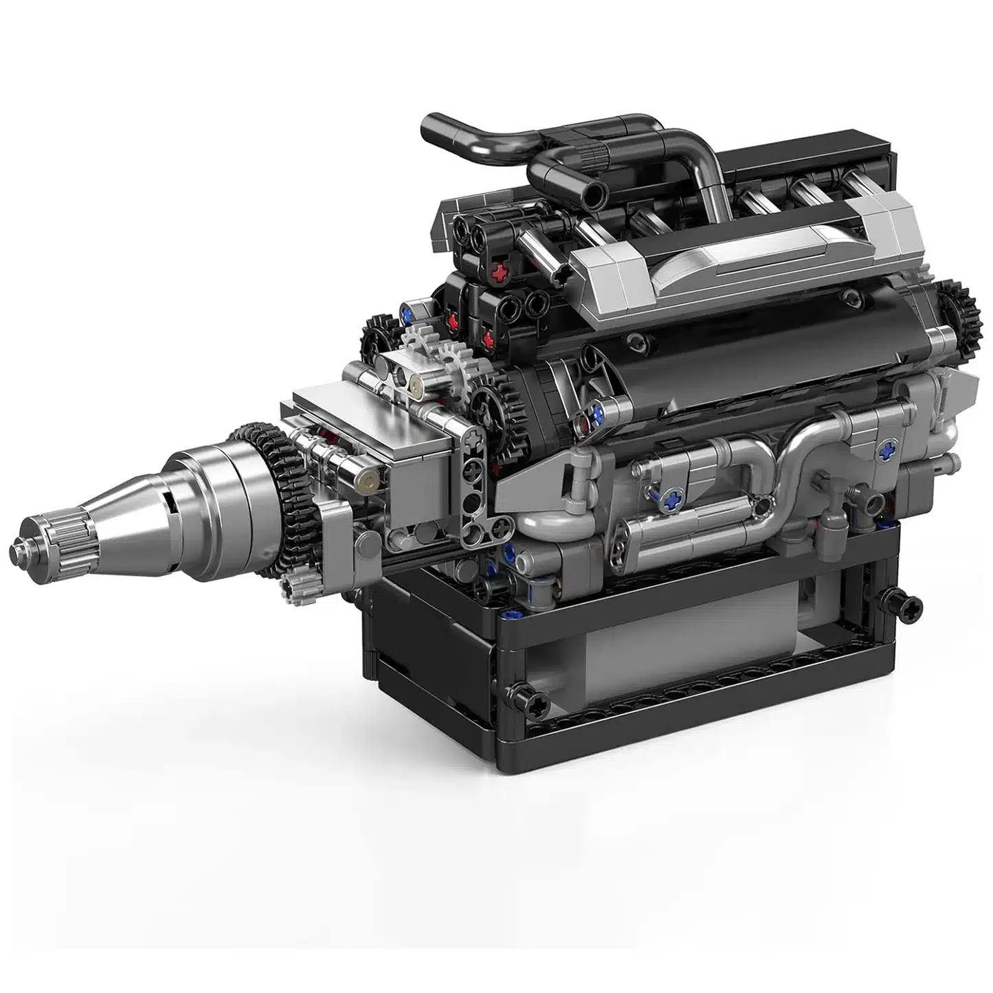 Detailansicht eines aus Klemmbausteinen gebauten motorisierten V12-Motors mit sichtbaren mechanischen Komponenten