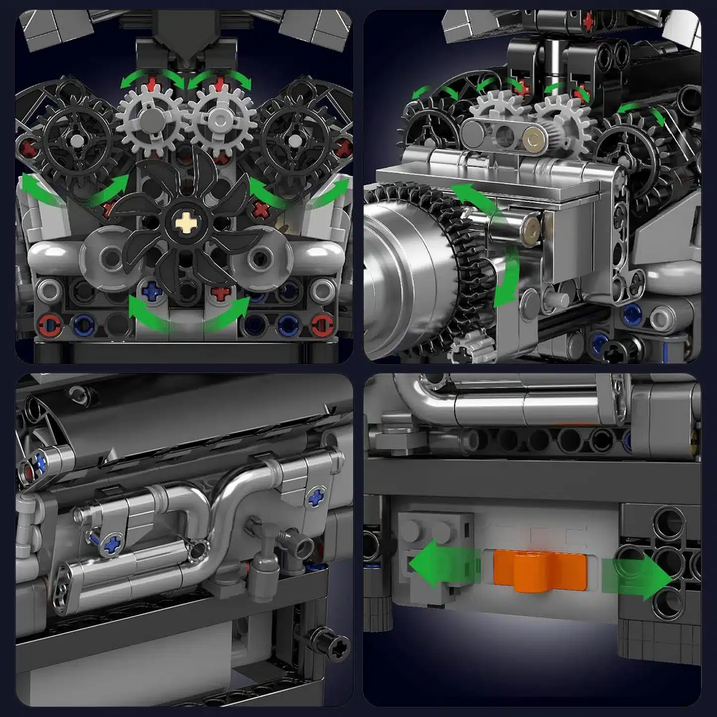 Detailansichten des Motorised British Luxury V12 Engine Klemmbaustein-Sets mit Zahnrädern, Kühlventilator, Kolben, Steuerketten und weiteren Motorteilen