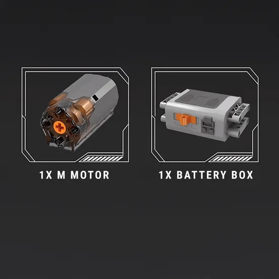 Abbildung eines M-Motors und einer Batteriebox als Komponenten für das V12 Motor Modellbauset