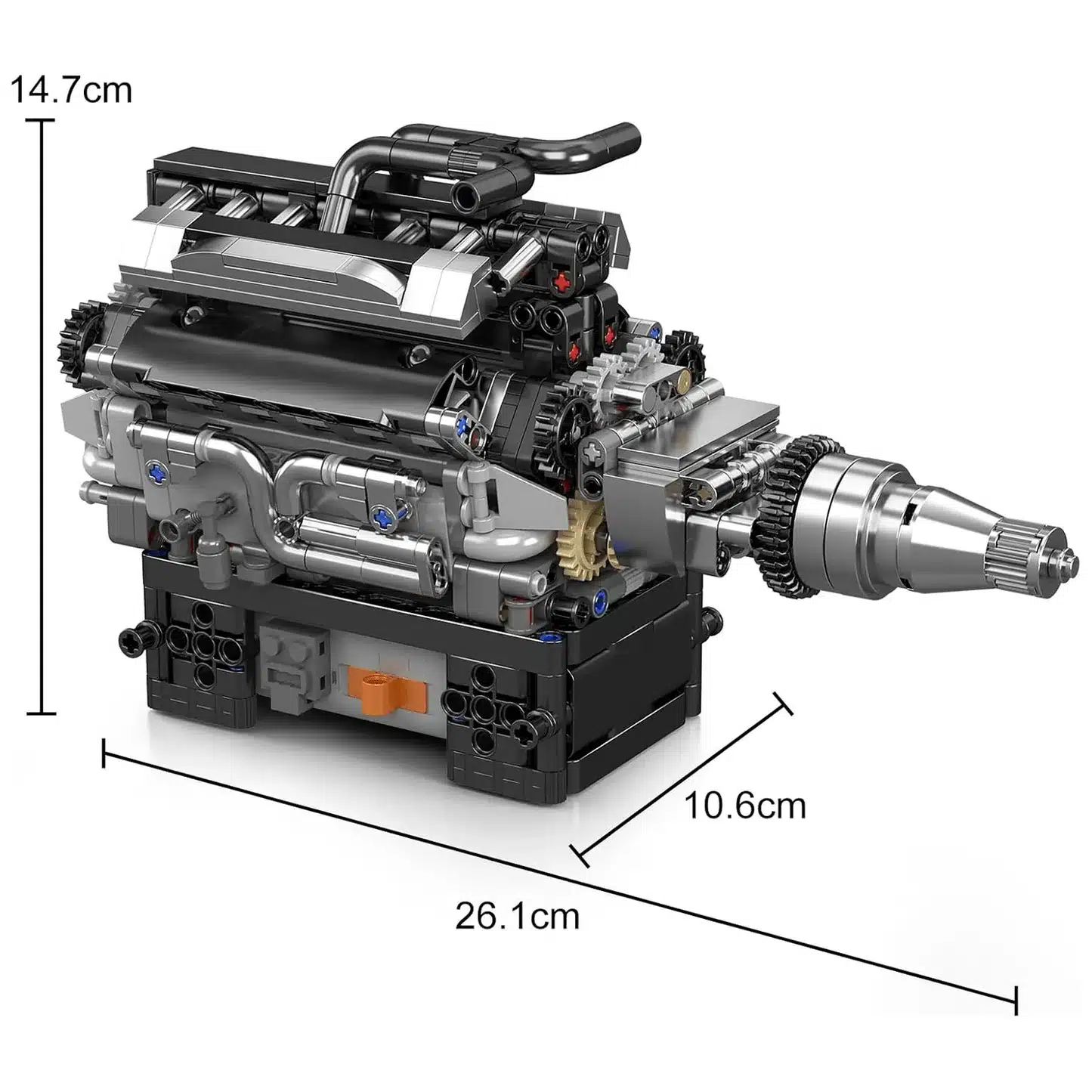 Klemmbaustein-Modell eines V12-Motors mit technischen Details und Maßangaben