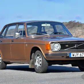 Brauner Volvo 144 GL B20 von 1973 geparkt vor Küstenkulisse