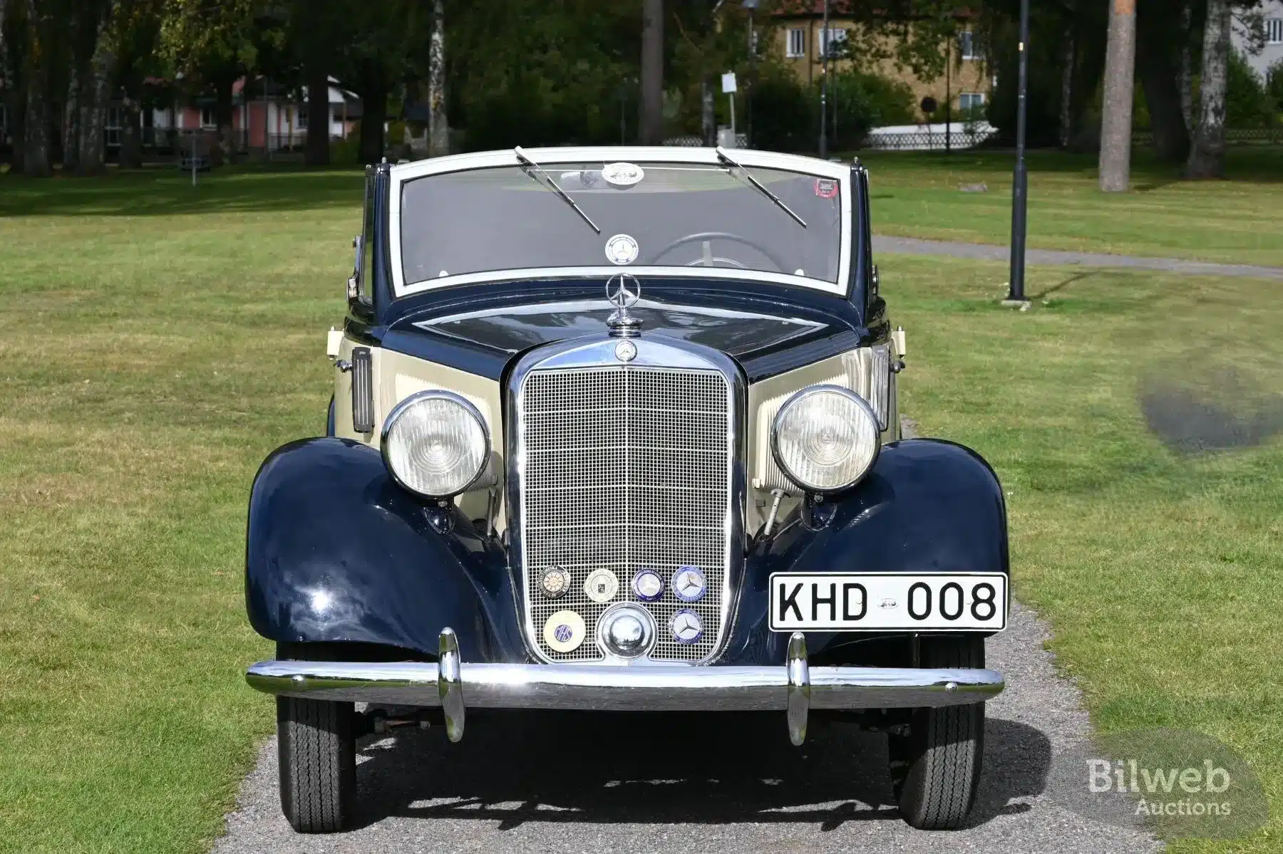 Frontalansicht eines restaurierten Mercedes-Benz 170 V Cabriolet von 1939 mit geöffnetem Verdeck, aufgenommen im Grünen.