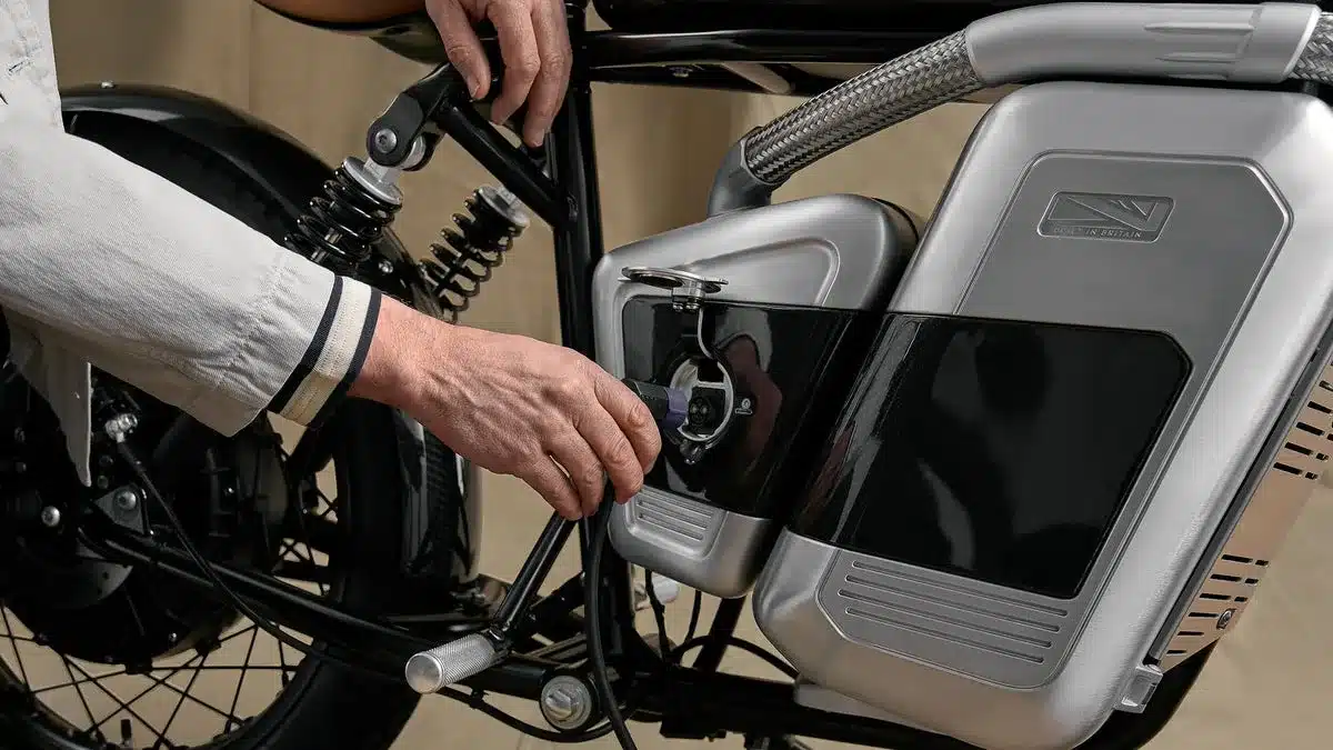 Maeving RM1S Elektromotorrad mit Person beim Anschließen des Ladekabels an die Batterie.