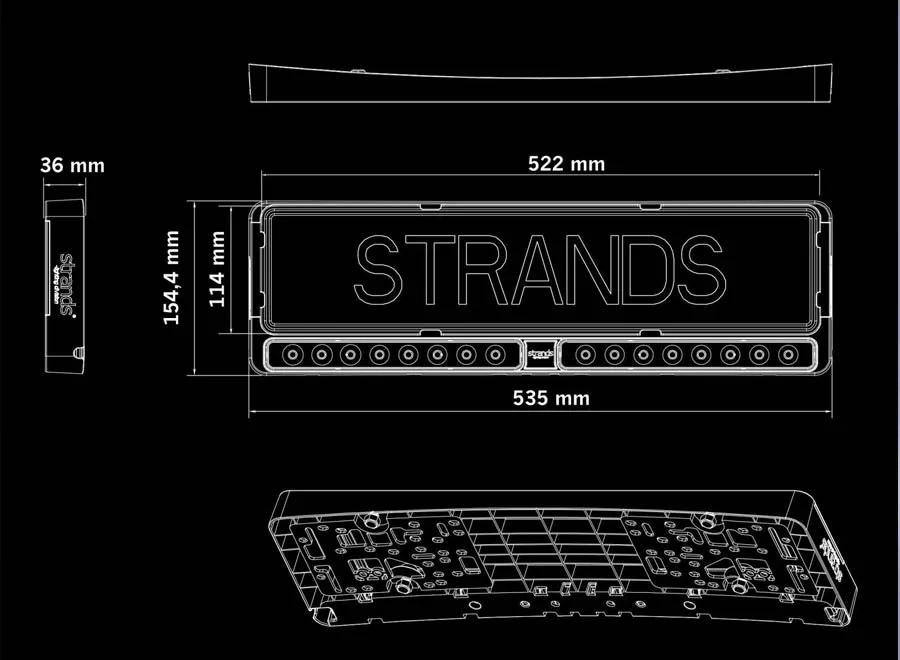 Konstruktionsskizze des Strands NUUK E-Line DUO Black LED-Kennzeichenhalters mit Abmessungen