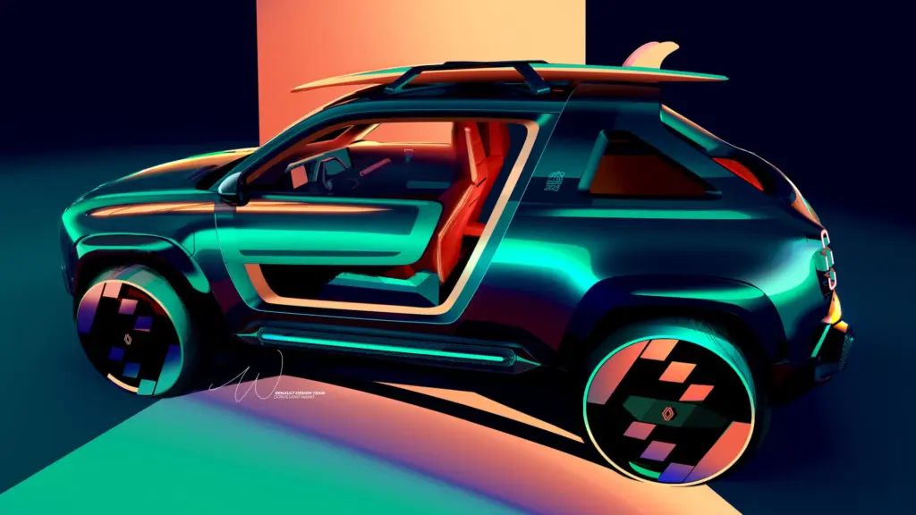 Renault 4 JP4x4 Concept als modernes Elektroauto mit offenem Dach, Surfbrett auf dem Dachträger und markanter Farbgebung