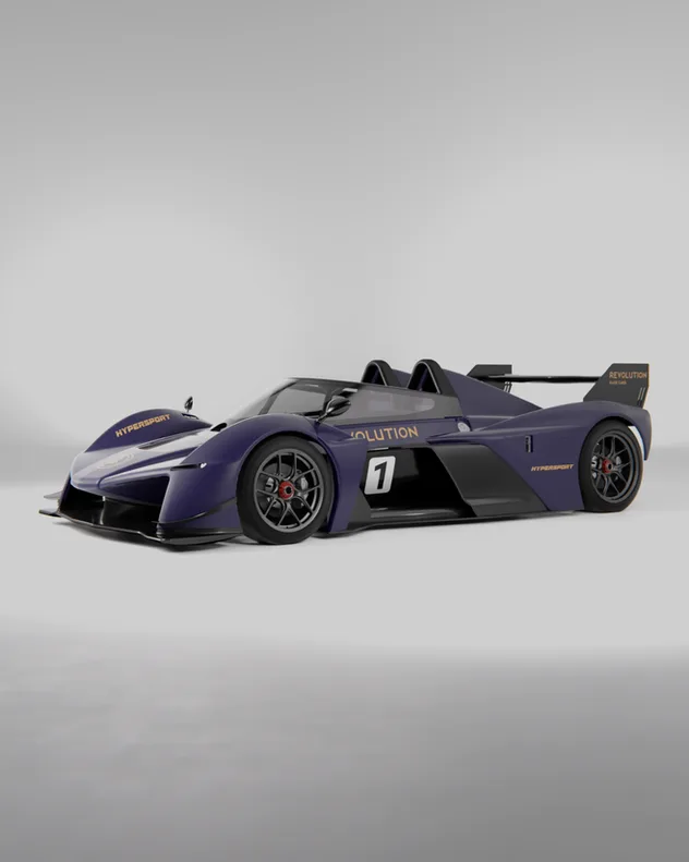 Revolution HyperSport Rennwagen in lila-schwarzer Lackierung, Seitenansicht, stehend im Studio.