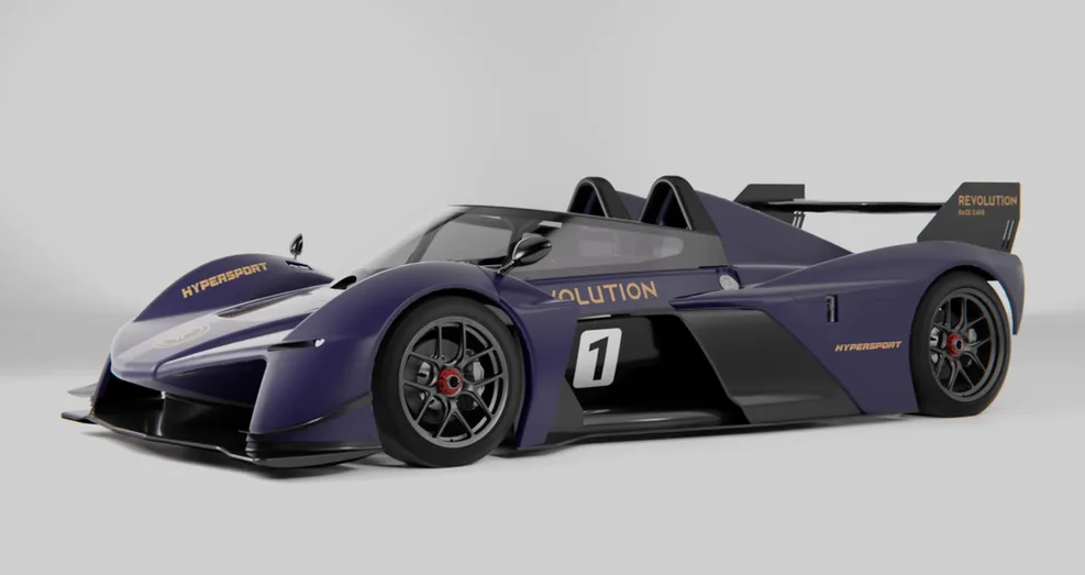 Seitliche Ansicht des Revolution HyperSport Track-Cars in Lila mit Rennsport-Design und Flügelheck.