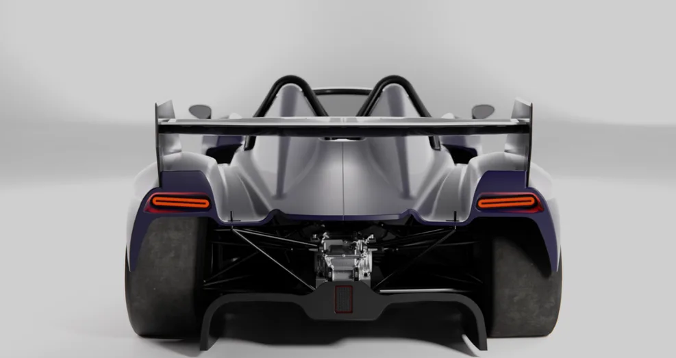 Revolution HyperSport von hinten mit großem Heckflügel, breiten Slicks und offen sichtbarer Technik.