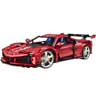 Ein rotes Klemmbaustein-Automodell des Ferrari SF90 mit sportlichem Design und sichtbaren technischen Details