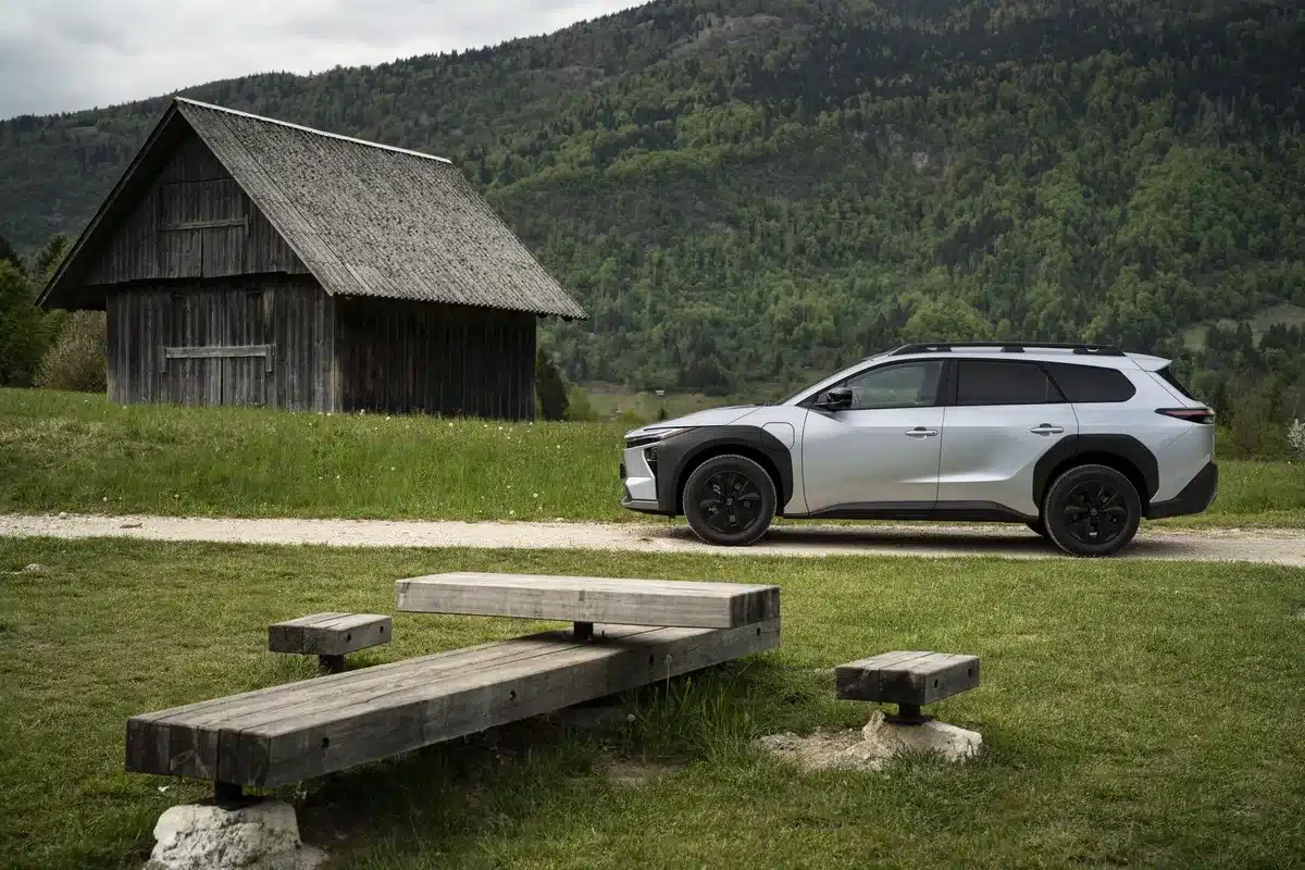 Silberner Toyota bZ4X Touring steht auf einer Wiese neben einer Holzhütte, im Hintergrund bewaldete Hügel.