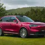 Roter Wenjie M7 SUV auf einer Wiese mit Bäumen und Bergen im Hintergrund.