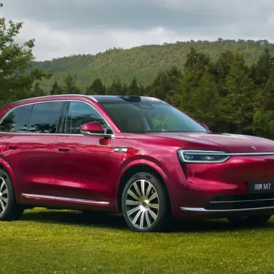 Roter Wenjie M7 SUV auf einer Wiese mit Bäumen und Bergen im Hintergrund.