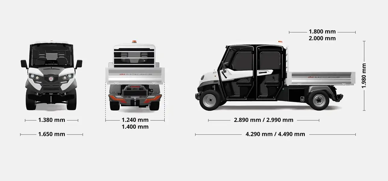 Front-, Heck- und Seitenansicht des ATX ED Double Cab mit Maßangaben