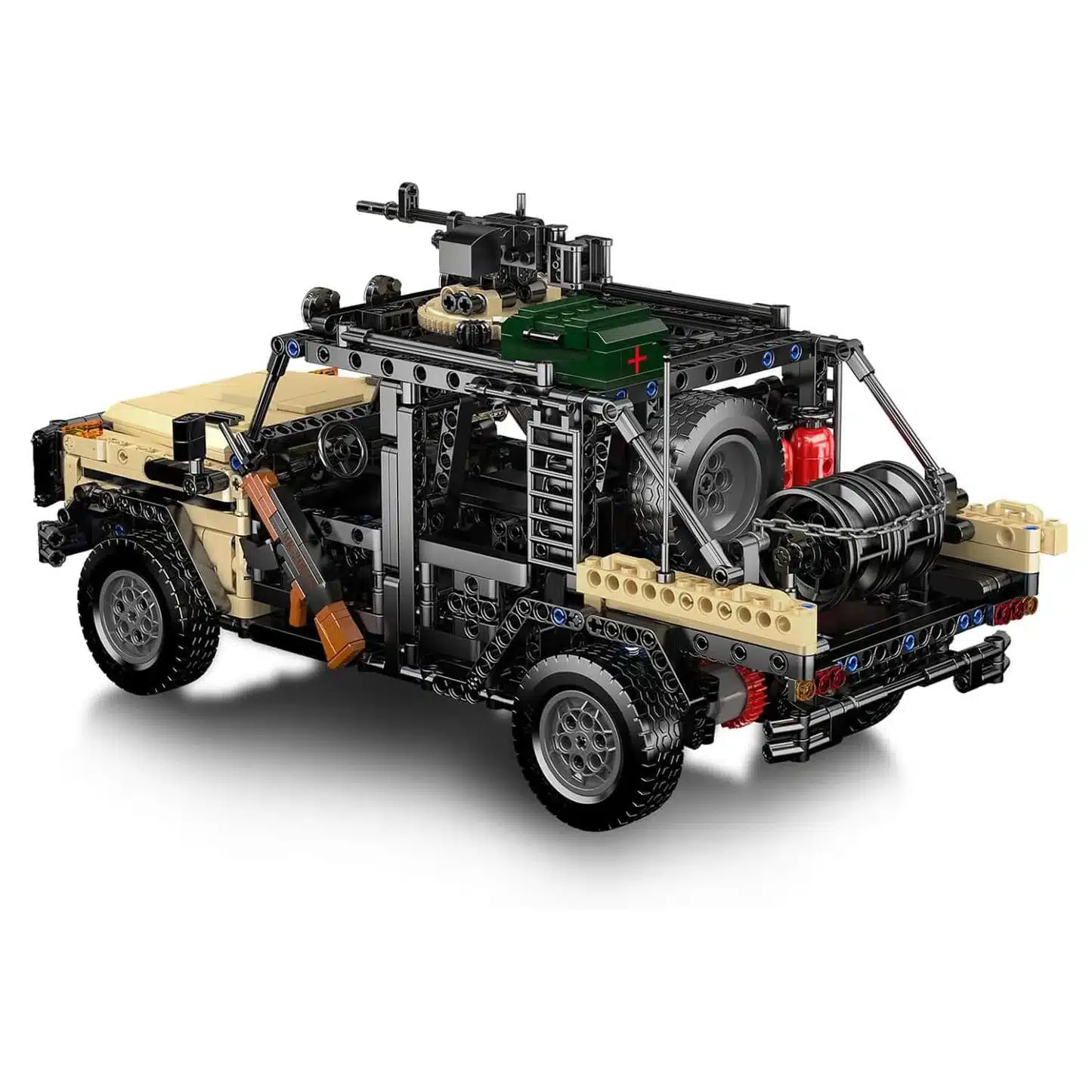 Klemmbaustein-Fahrzeug Assault Off Roader mit Fernsteuerung und Offroad-Ausstattung von hinten schräg betrachtet.
