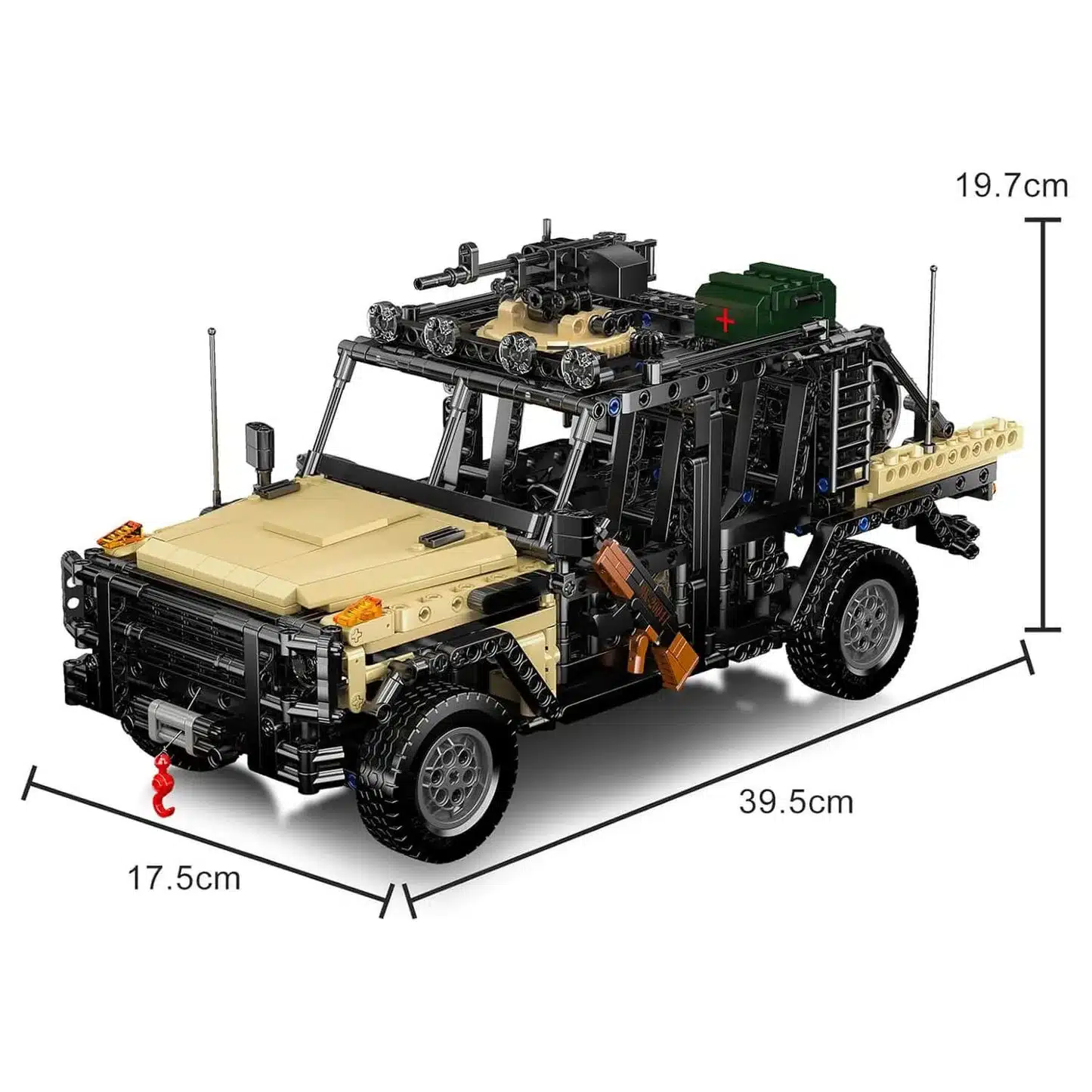 Klemmbaustein-Modell eines Assault Off Roaders mit Maßangaben 39,5 cm Länge, 17,5 cm Breite und 19,7 cm Höhe.