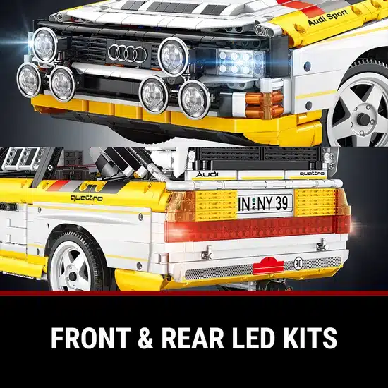 Klemmbausteinmodell des Audi Rallye Quattro Gruppe B 1984 mit leuchtenden Front- und Heck-LEDs