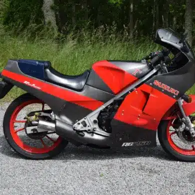 Suzuki RG 250 Gamma von 1989, sportliches Motorrad mit rot-grauem Design, steht auf Kies vor Gras und Bäumen