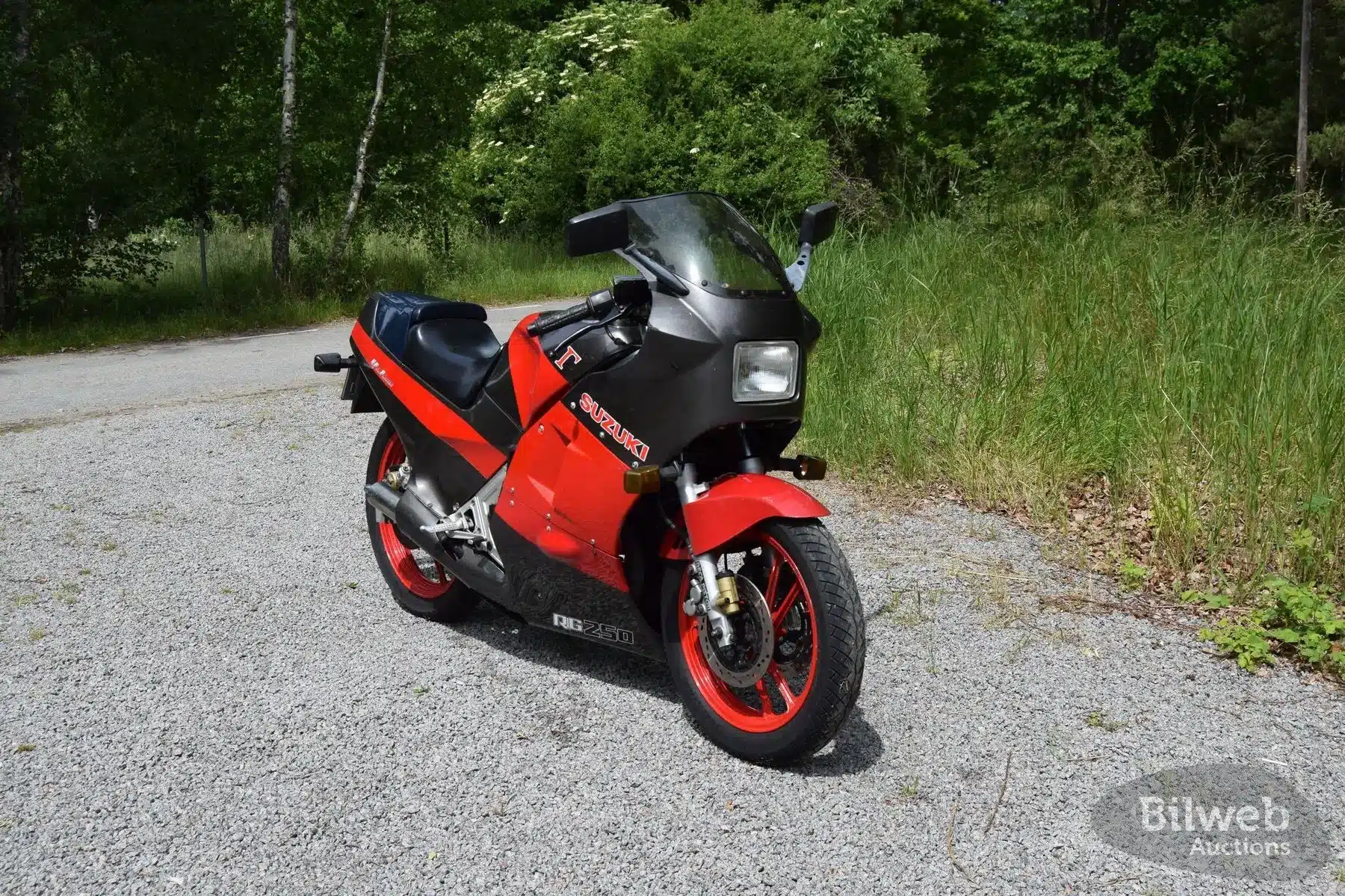 Suzuki RG 250 Gamma, Baujahr 1989, auf einem Waldweg in Drottningskär, abgestellt und von vorne schräg fotografiert