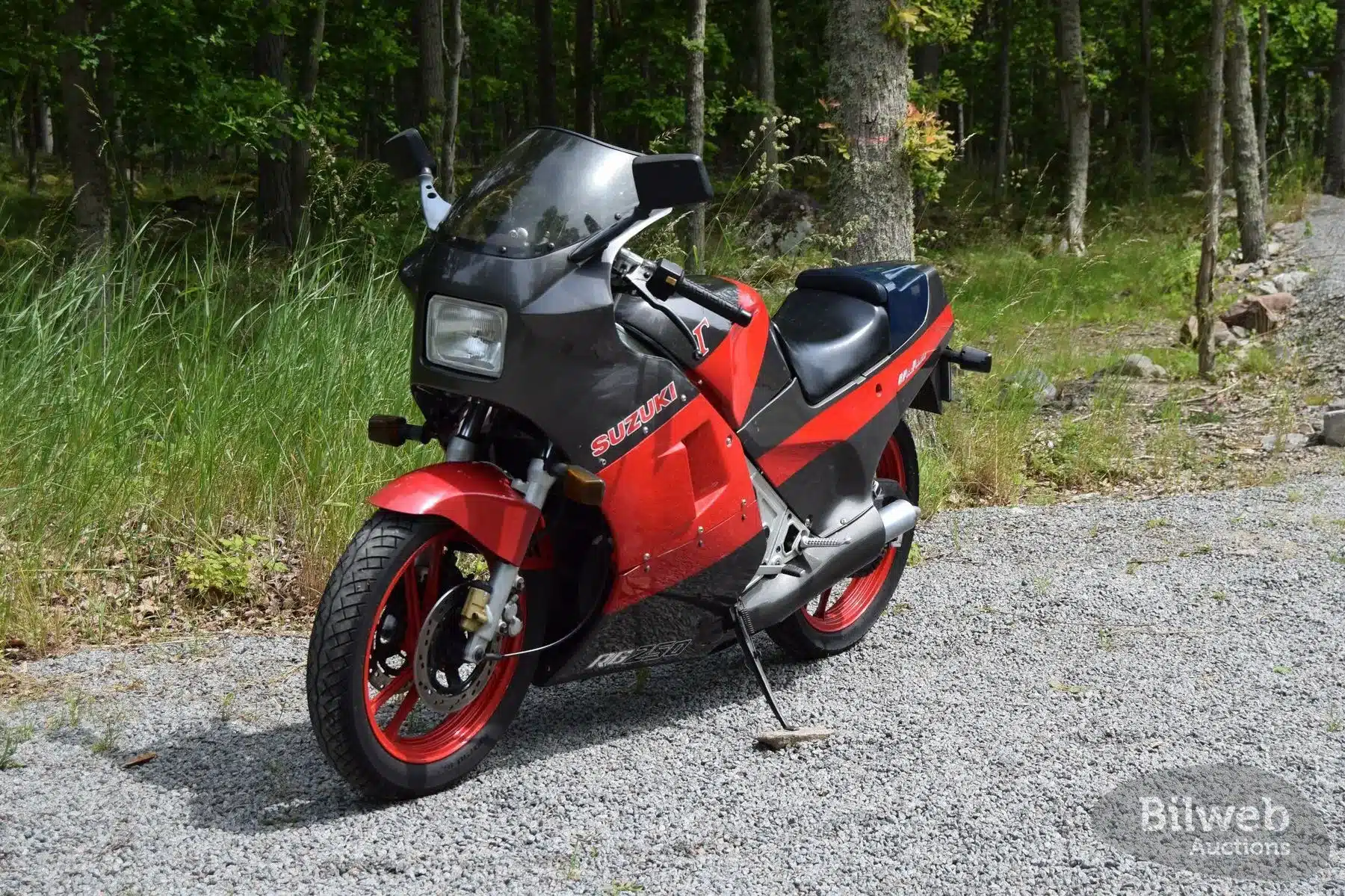 Suzuki RG 250 Gamma Motorrad von 1989, Aufnahme im Freien mit Bäumen im Hintergrund.