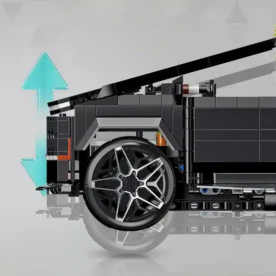 Detailfoto der Radaufhängung und Federung des Cyber Utility Truck Klemmbausteinmodells