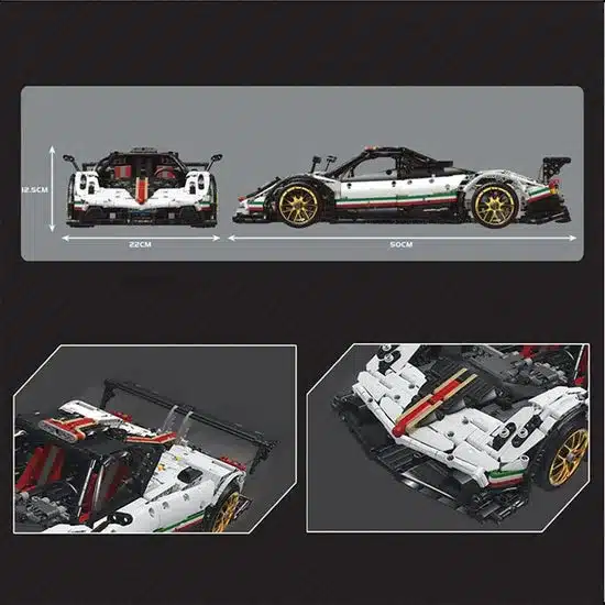 Klemmbaustein-Modell eines italienischen Hypercars von MouldKing mit den Abmessungen 50 x 22 x 12,5 cm und goldfarbenen Felgen.