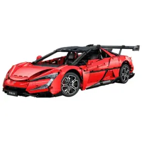 Bausatz-Modell des Yangwang U9 Supersportwagens aus Klemmbausteinen, rote Karosserie, sichtbares Technik-Design