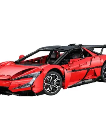 Bausatz-Modell des Yangwang U9 Supersportwagens aus Klemmbausteinen, rote Karosserie, sichtbares Technik-Design