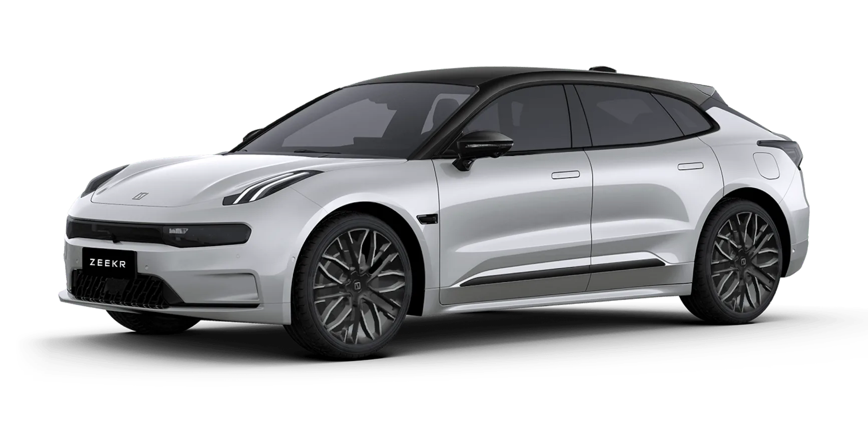 ZEEKR 001 Elektroauto, silber mit schwarzem Dach, Seitenansicht, modernes Design