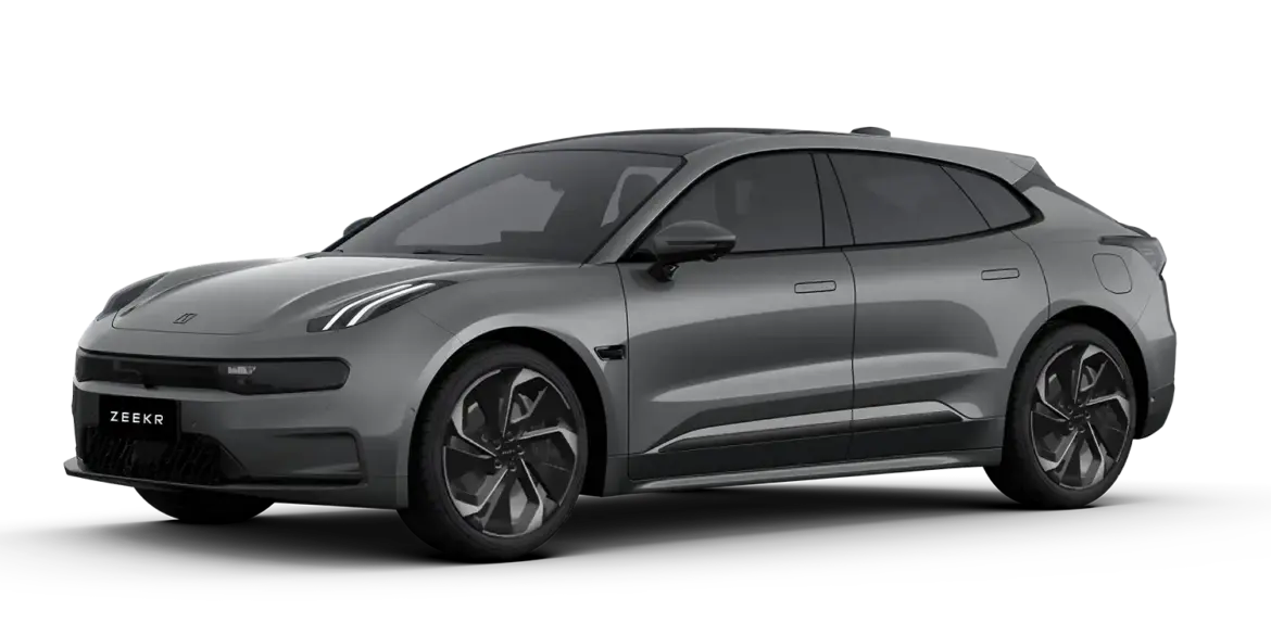 Seitliche Ansicht des Zeekr 001 in Grau mit markantem Design und rahmenlosen Türen.