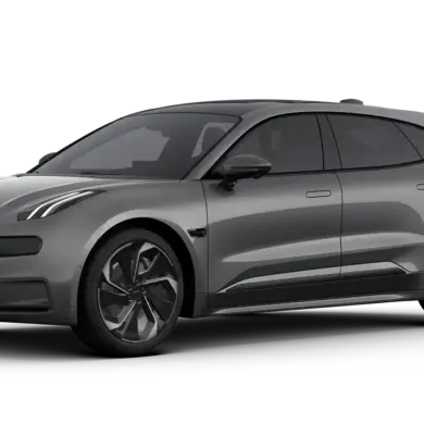 Seitliche Ansicht des Zeekr 001 in Grau mit markantem Design und rahmenlosen Türen.