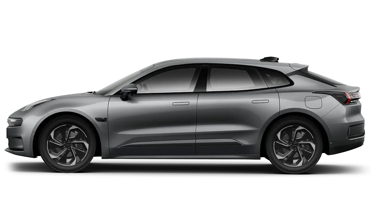 Seitenansicht eines grauen Zeekr 001 Fahrzeugs, modernes Elektroauto mit sportlicher Linie.