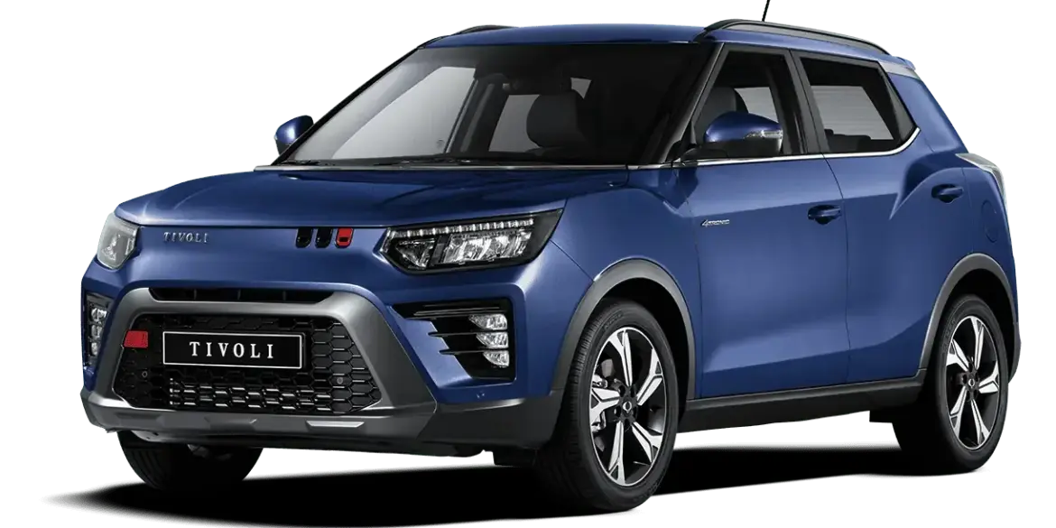 Blauer KGM Tivoli Kompakt-SUV mit markanter Frontansicht