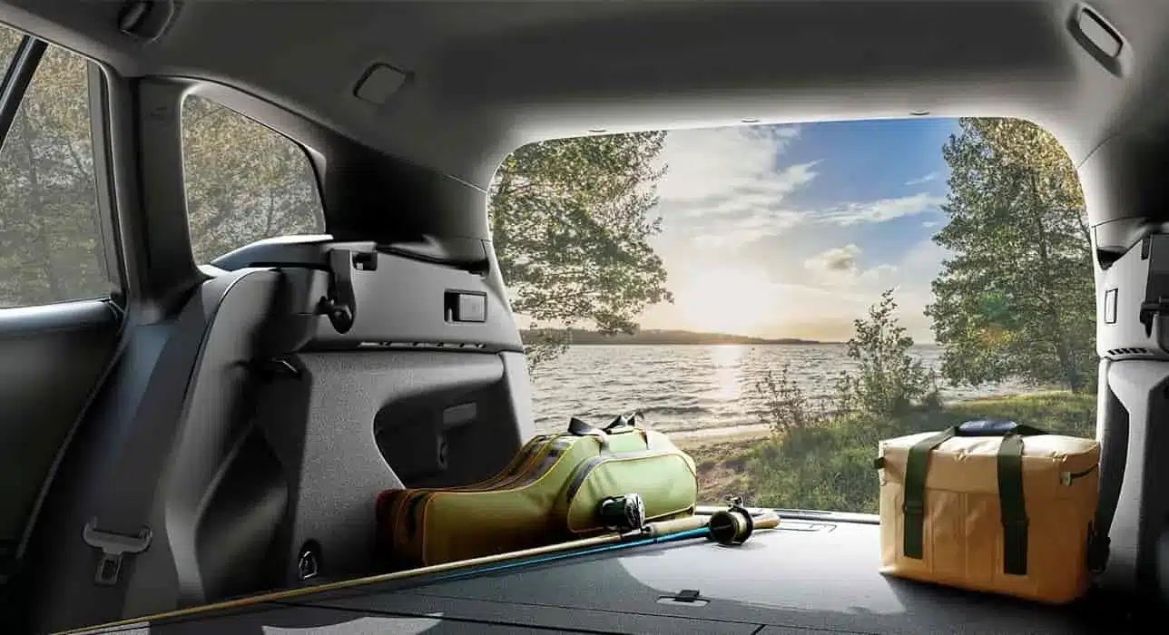 Blick aus dem Kofferraum eines Suzuki Swace auf eine Gepäcklandschaft und einen See im Hintergrund