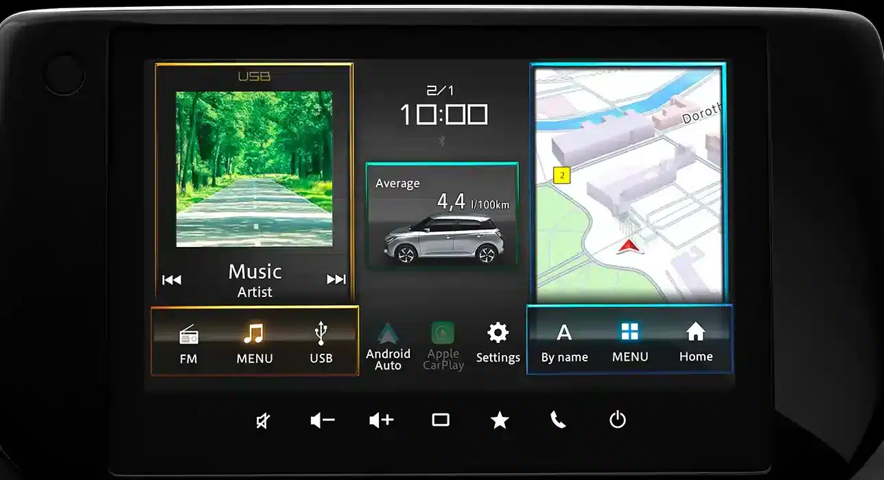 Infotainment-System mit Musik, Navigation und Verbrauchsanzeige im Suzuki Swift 2024