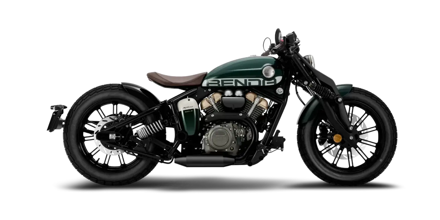 Benda Napoleonbob 250 Motorrad in dunklem Grün und Braun, Seitenansicht, klassische Bobber-Linie, V2-Motor sichtbar.