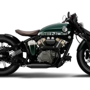 Benda Napoleonbob 250 Motorrad in dunklem Grün und Braun, Seitenansicht, klassische Bobber-Linie, V2-Motor sichtbar.