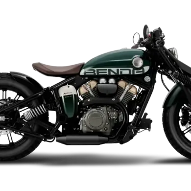 Benda Napoleonbob 250 Motorrad in dunklem Grün und Braun, Seitenansicht, klassische Bobber-Linie, V2-Motor sichtbar.