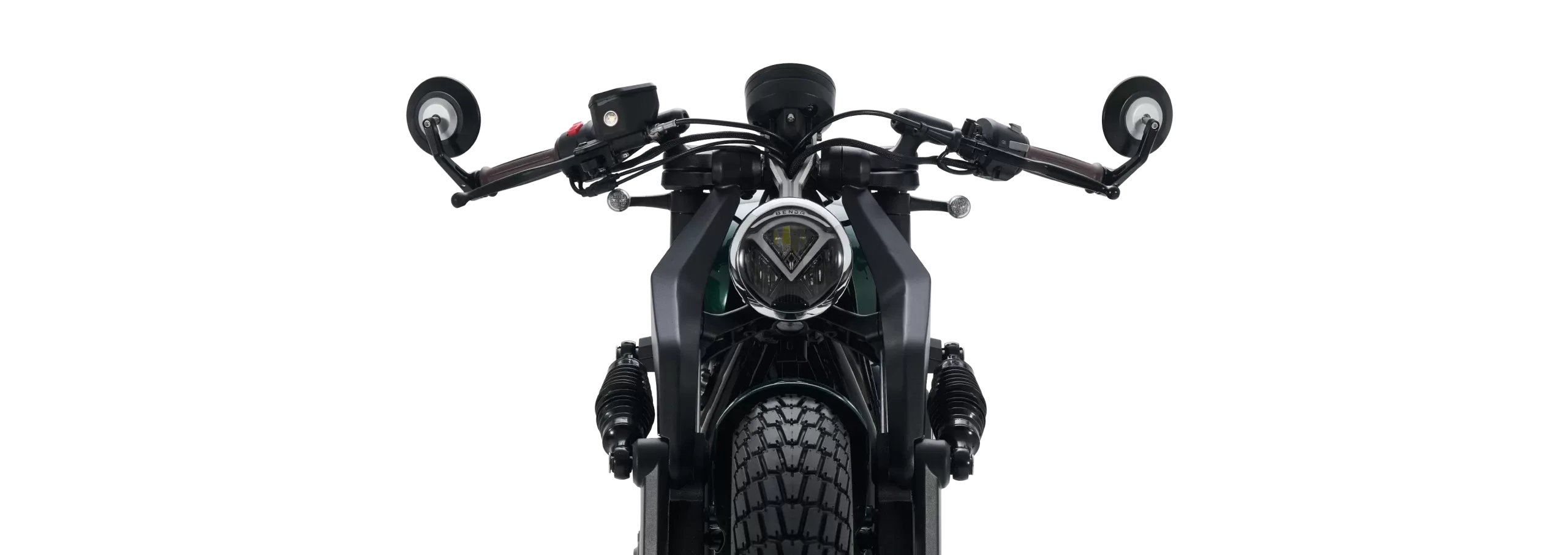 Frontansicht der Benda Napoleonbob 250, modernes Bobber-Motorrad mit breitem Lenker