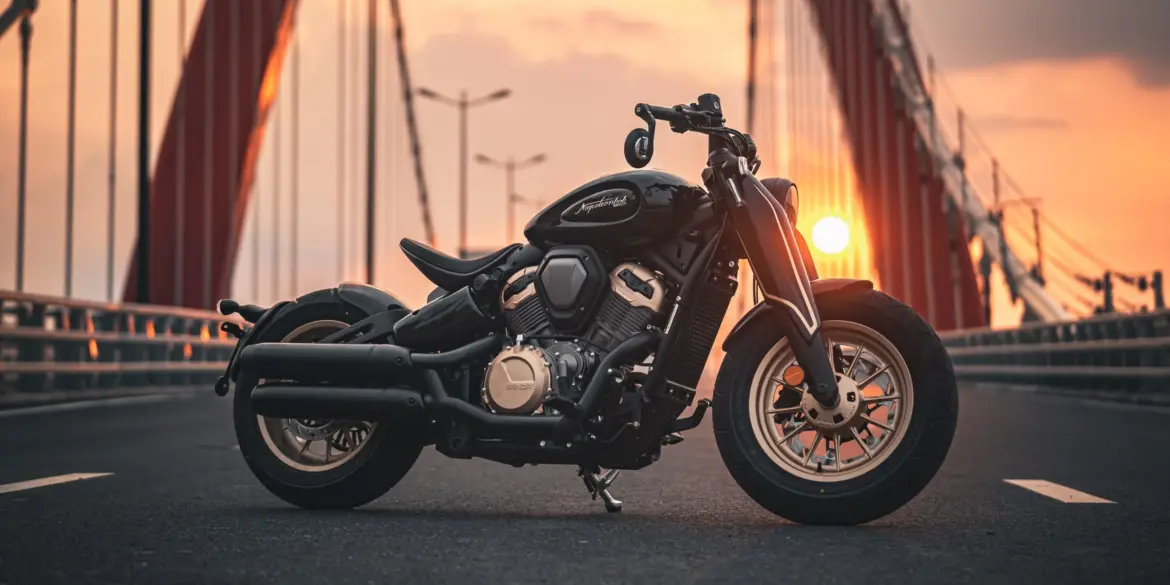 Napoleonbob 500 Motorrad, seitliche Ansicht, stilvoll inszeniert bei Sonnenuntergang auf einer modernen Brücke.