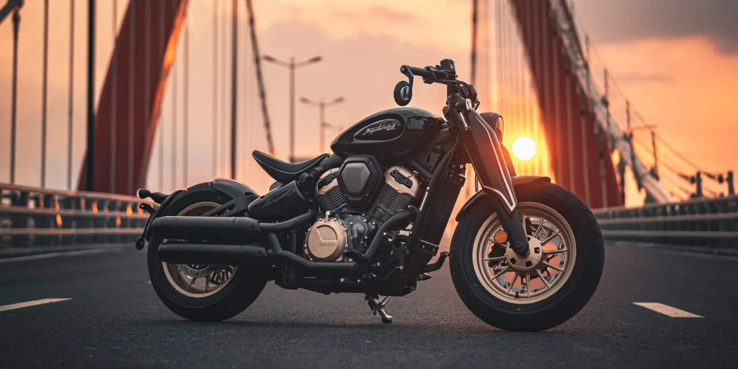 Napoleonbob 500 Motorrad, seitliche Ansicht, stilvoll inszeniert bei Sonnenuntergang auf einer modernen Brücke.