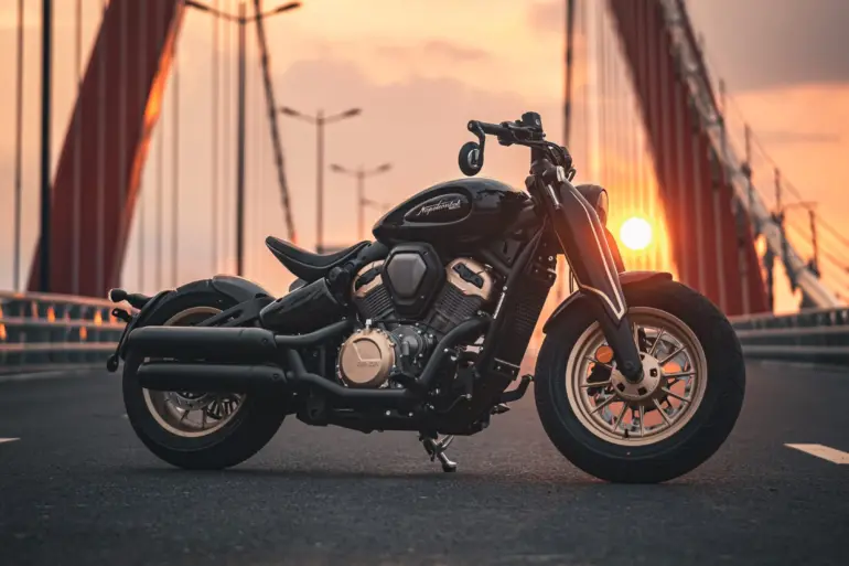 Napoleonbob 500 Motorrad, seitliche Ansicht, stilvoll inszeniert bei Sonnenuntergang auf einer modernen Brücke.