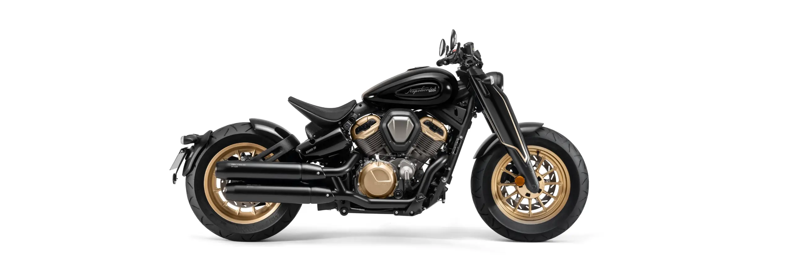 Napoleonbob 500 Motorrad in Seitenansicht mit Single Seat, schwarzem Rahmen und goldenen Felgen