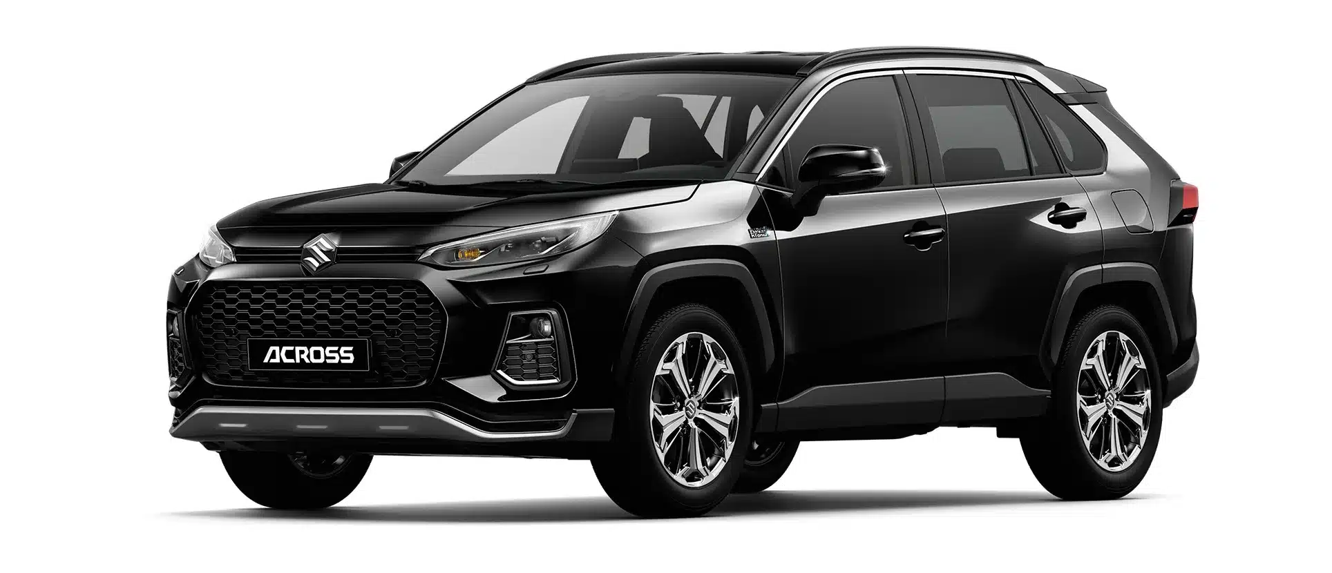 Schwarzer Suzuki Across Plug-in Hybrid SUV von vorne und schräg seitlich