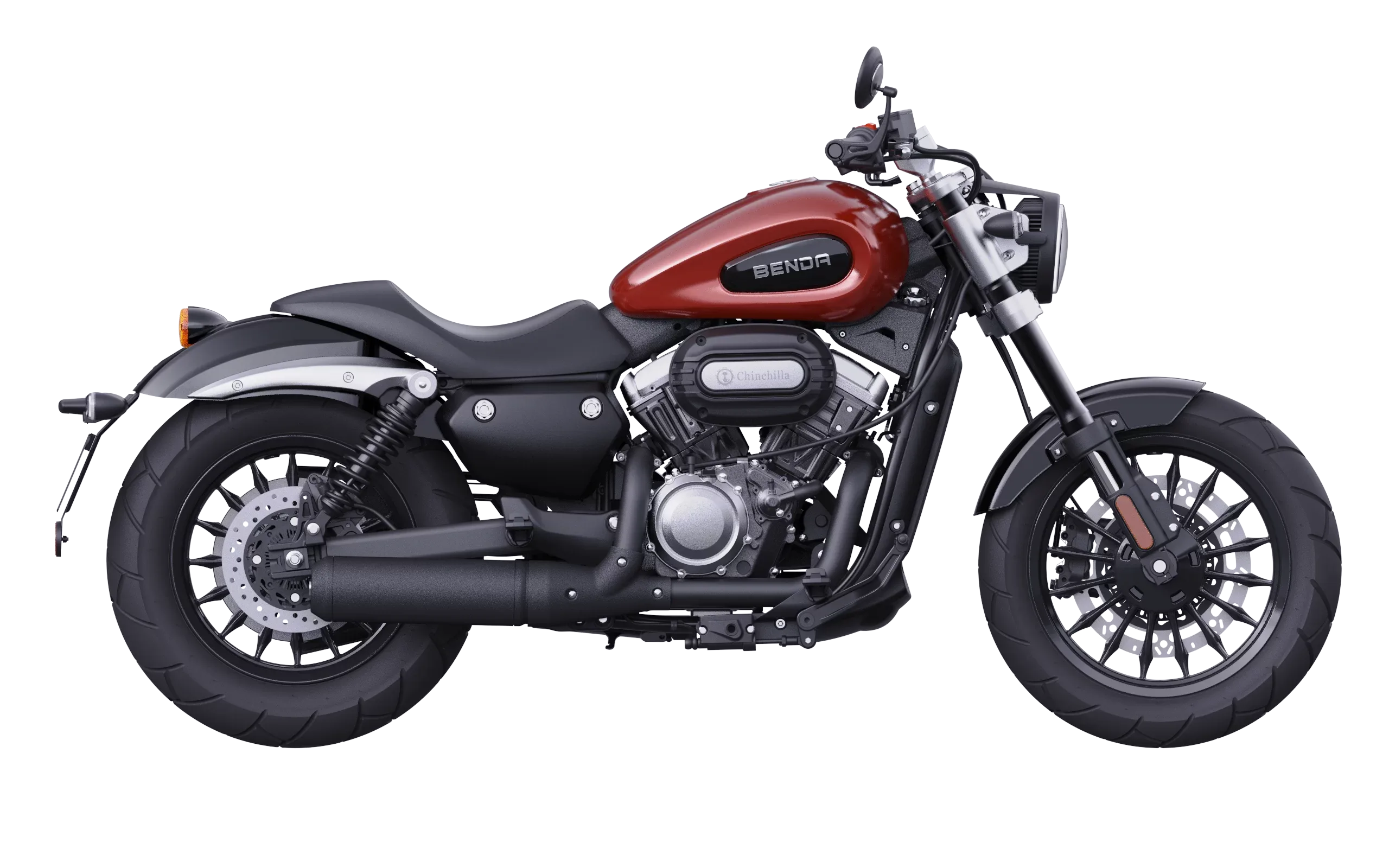 Benda Chinchilla 125 Motorrad in Seitenansicht, roter Tank, schwarzes Fahrwerk, moderner Cruiser-Look.