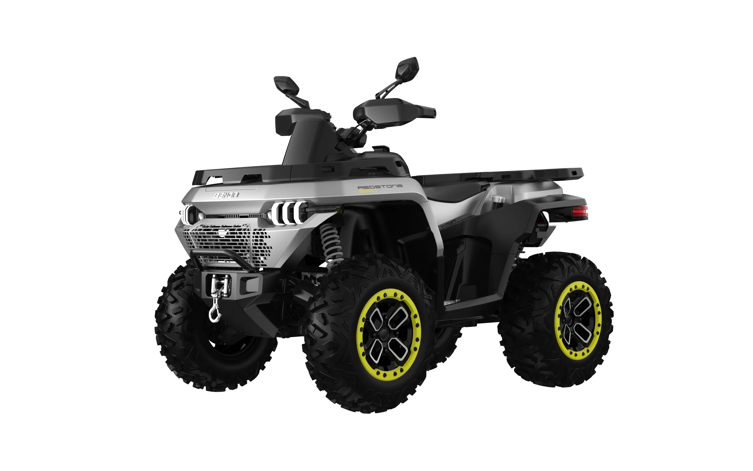Redstone 550 ATV mit robustem Design und markanten LED-Scheinwerfern, Ansicht von schräg hinten.