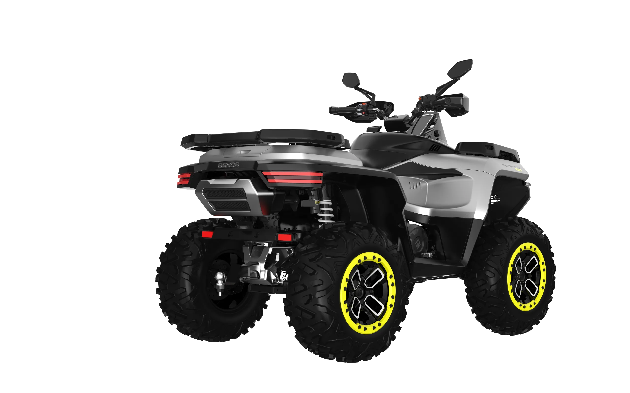 Benda Redstone 550 ATV von hinten mit auffälligen gelben Felgen und LED-Rückleuchten.