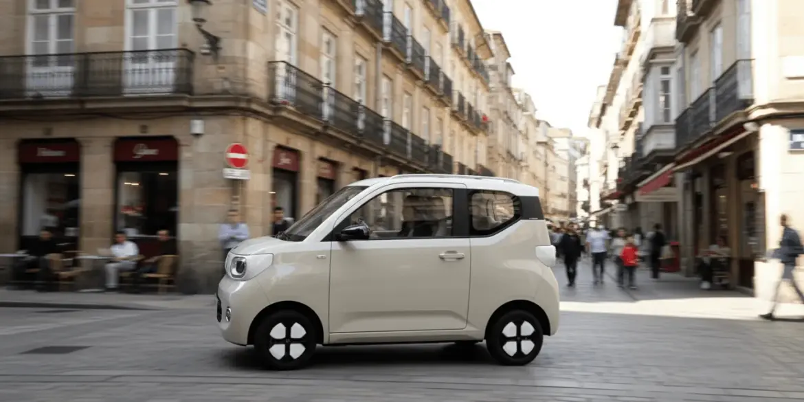 ARI Bruni Elektroauto fährt durch eine schmale Innenstadtstraße mit historischen Gebäuden.